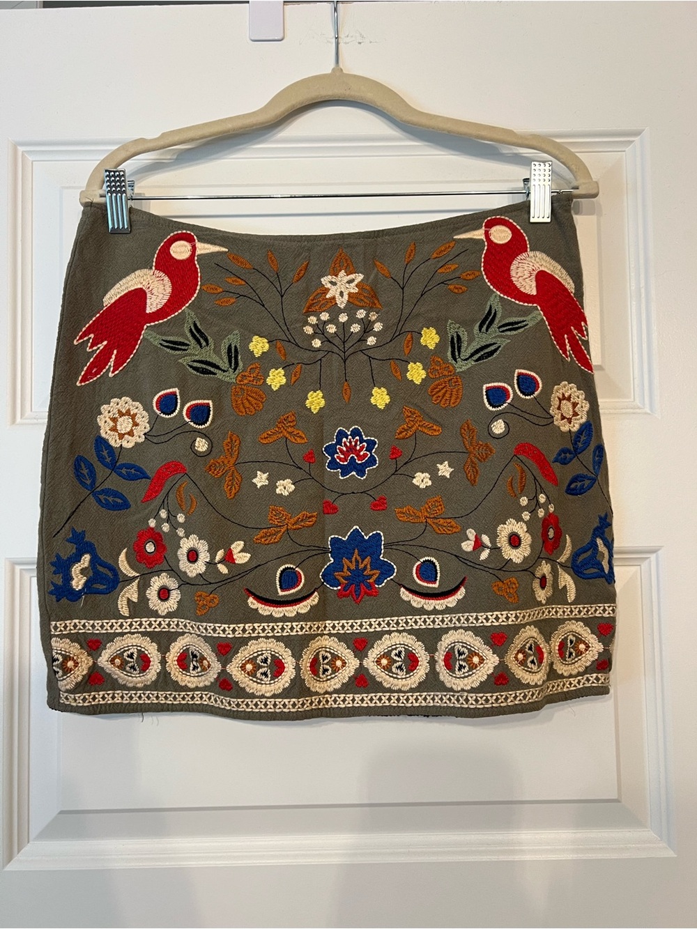 Altar'd State Olive Mini Skirt with Red Bird & Multicolor Floral Embroidery